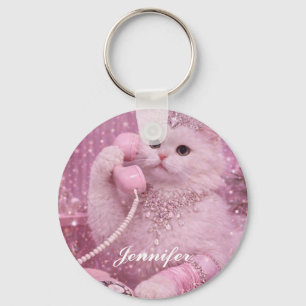 Glamorous Princess Cat Using Pink Telephone Key Ring