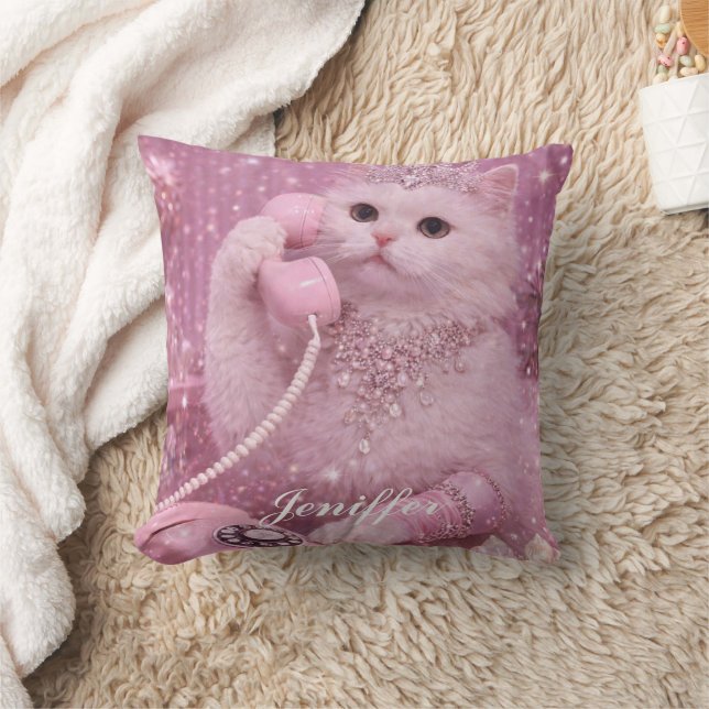 Glamorous Princess Cat Using Telephone             Cushion (Blanket)
