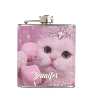 Glamorous Princess Cat Using Telephone             Hip Flask