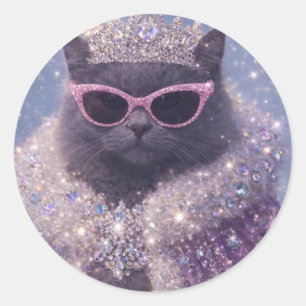 Glamorous Queen Cat Sparkling Fantasy Portrait     Classic Round Sticker