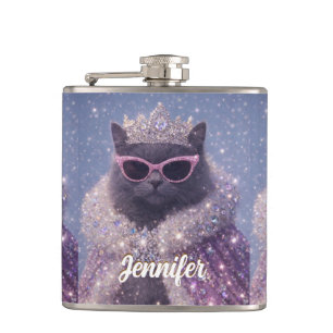 Glamorous Queen Cat Sparkling Fantasy Portrait     Hip Flask