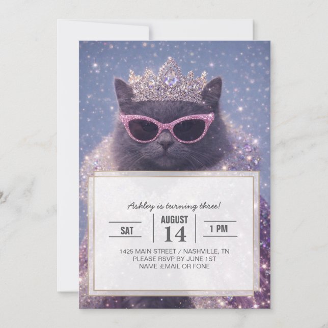 Glamorous Queen Cat Sparkling Fantasy Portrait     Invitation (Front)