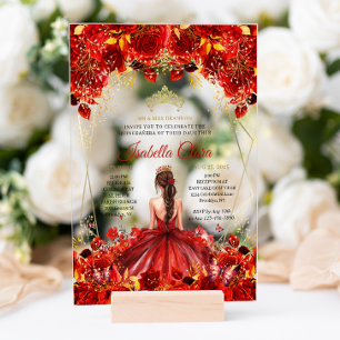 Glamorous Red & Gold Floral Quinceanera Acrylic Invitations