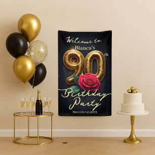 Glamorous Red Rose Golden Birthday 90th Welcome Banner