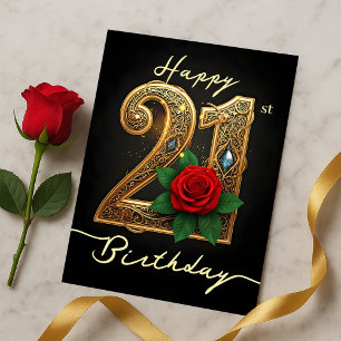 Glamorous Red Rose Ornate Golden 21st Birthday  Postcard