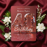 Glamorous Rose Gold Gemstone 40th Birthday Invitation<br><div class="desc">Set the stage for a spectacular milestone celebration with this glamorous rose gold gemstone 40th birthday party invitation. Featuring a stunning, 3D faceted diamond-style "40" against a rich burgundy red background, this luxurious design perfectly captures the elegance of a sophisticated adult birthday event. The sparkling metallic jewel tones and beautiful...</div>