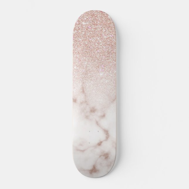 Glamorous Rose Gold White Glitter Marble Gradient Skateboard (Front)