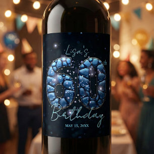 Glamorous Sapphire Blue Mosaic Gems 60th Birthday Wine Label