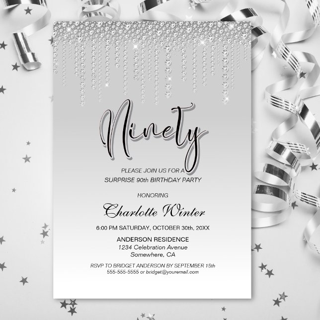Glamorous Silver Diamonds Surprise 90th Birthday Invitation (Creator Uploaded)