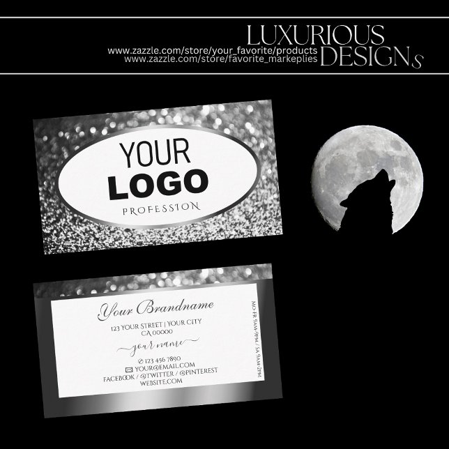 Glamorous Silver White Sparkle Glitter with Logo Business Card (Creator Uploaded)