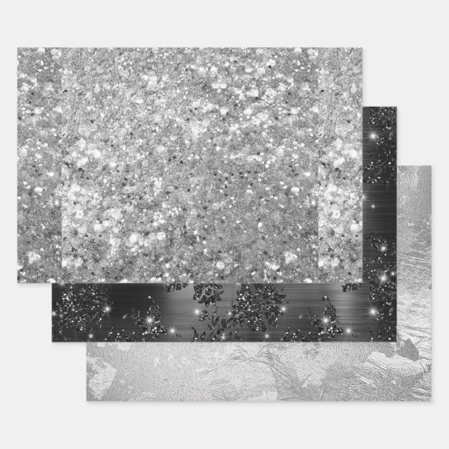 Glamorous Sparkling Silver & Black Glitter Pattern Wrapping Paper Sheet (Set)