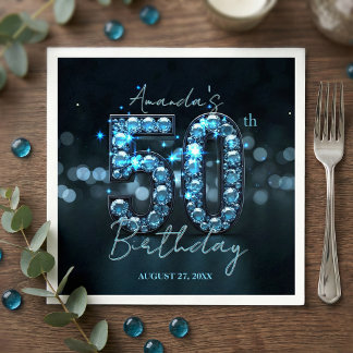 Glamorous Sparkly Teal Blue Diamonds 50th Birthday Napkin