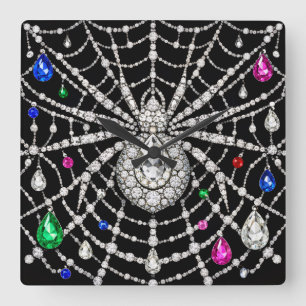 Glamorous Spider Bejewelled Diamond design Square Wall Clock