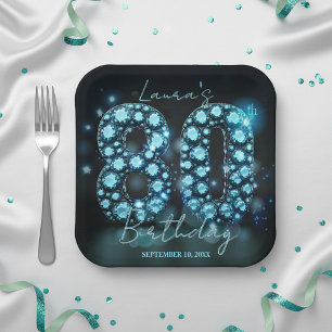 Glamorous Teal Blue Diamonds 80th Birthday Party Paper Plate