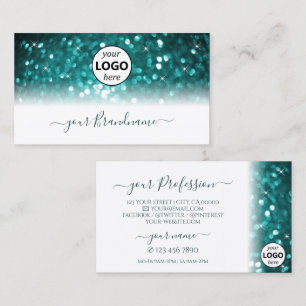 Glamorous White Teal Sparkling Glitter with Logo Business Card