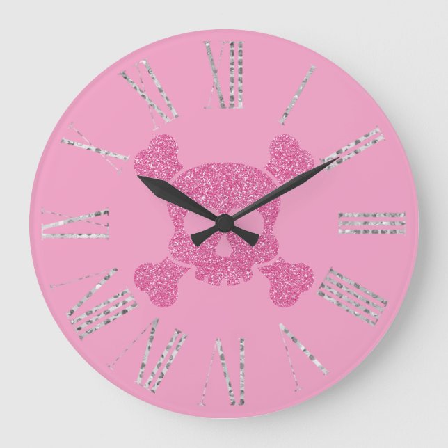 GlamorousPink Glitter Skull and Crossbones Large Clock (Front)