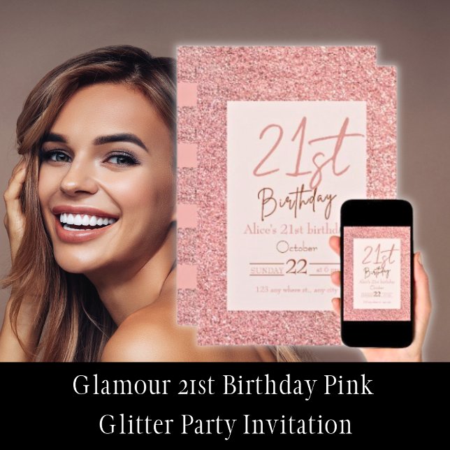 Glamour 21st Birthday Pink Glitter Invitation (Glamour 21st Birthday Pink Glitter Party Invitations)