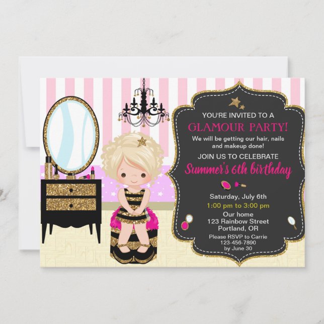 Glamour birthday invitation Makeup manicures party (Front)