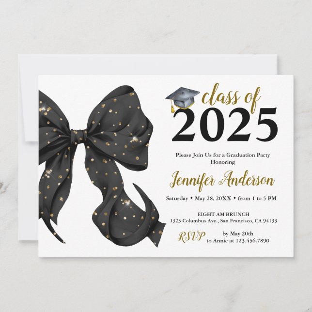 Glamour Black/Gold Bow Graduation Party Invitation (Front)