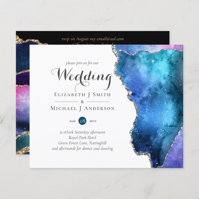 Glamour Blue Gold Agate Wedding Invite CHEAP (Front/Back)
