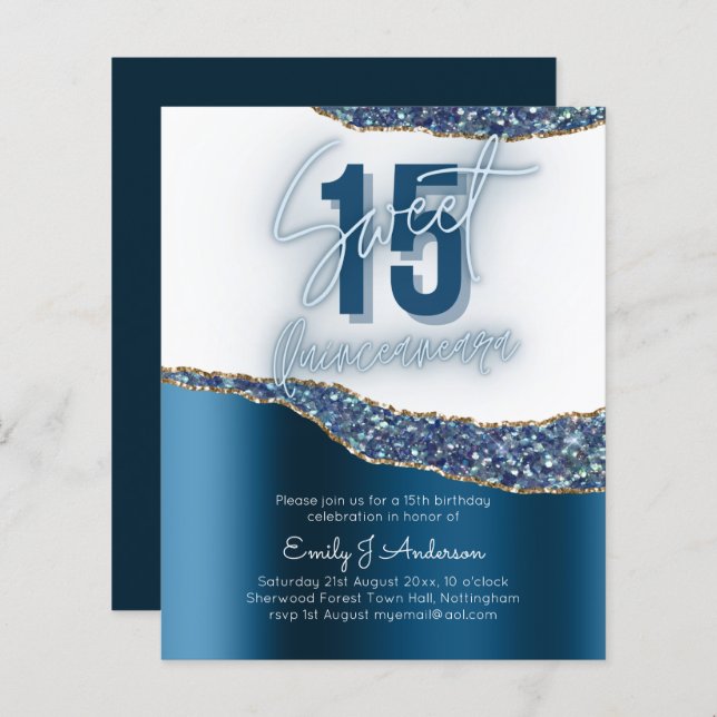 Glamour Blue Silver Foil Glitter Quinceanera 15th  (Front/Back)