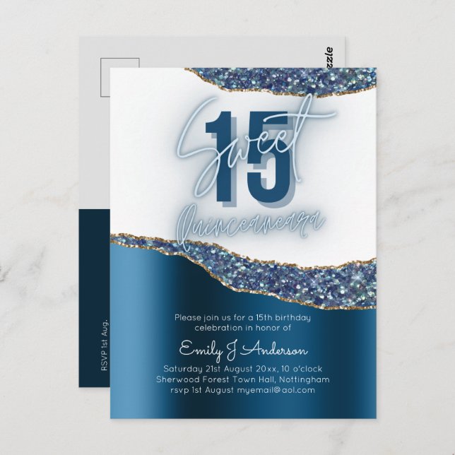 Glamour Blue Silver Foil Glitter Quinceanera 15th Postcard (Front/Back)