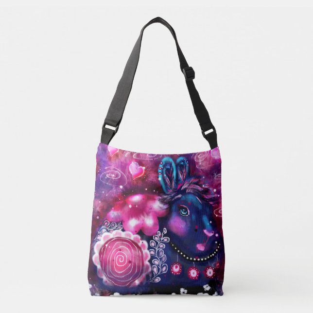 Glamour Bunny Rabbit Purple Pink Whimsical Floral Crossbody Bag (Front)