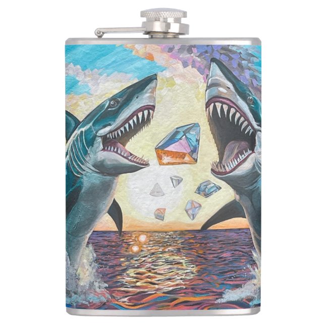 Glamour Chomp-Shark Breaching for Shiny Gems- Golf Hip Flask (Front)
