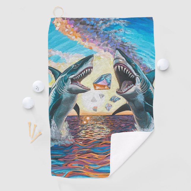Glamour Chomp-Shark Breaching for Shiny Gems- Golf Towel (InSitu)