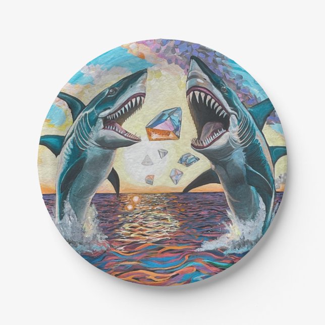 Glamour Chomp-Shark Breaching for Shiny Gems- Paper Plate (Front)