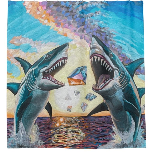 Glamour Chomp-Shark Breaching for Shiny Gems- Shower Curtain (Front)
