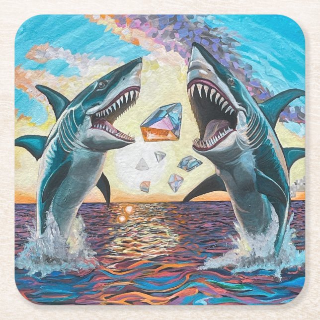 Glamour Chomp-Shark Breaching for Shiny Gems- Square Paper Coaster (Front)