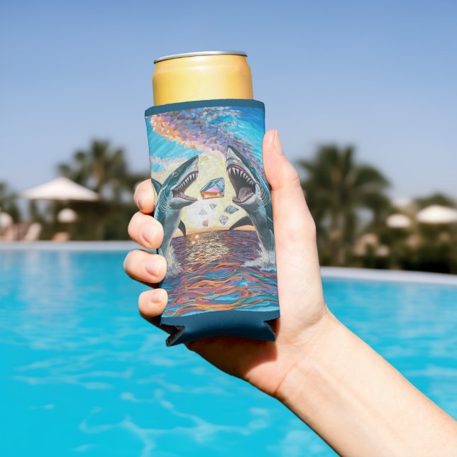 Glamour Chomp-Sharks Breaching for Shiny Gems- Seltzer Can Cooler (In Situ Pool)