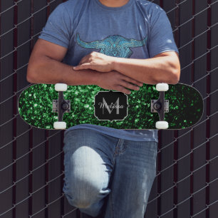 Glamour Dark Green glitter sparkles Monogram Skateboard