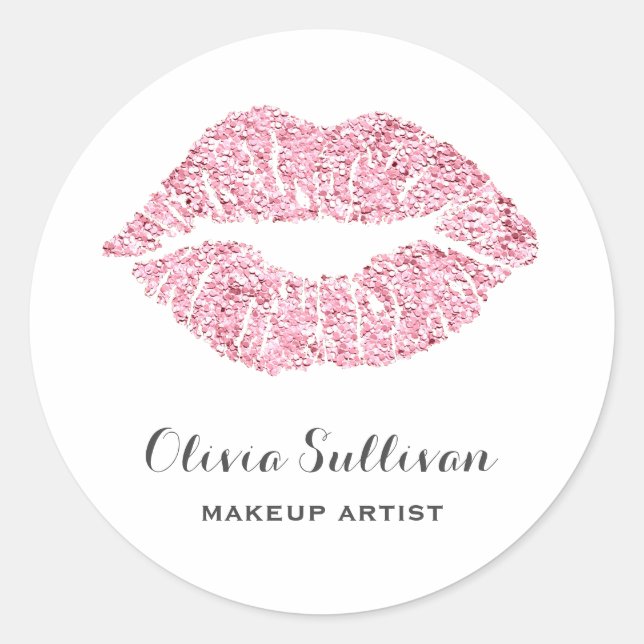 glamour faux pink lips glitter makeup artist classic round sticker (Front)