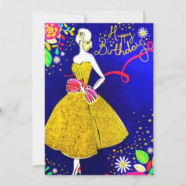Glamour Girl Floral Gold Birthday Party Glitter Holiday Card (Front)