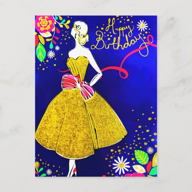Glamour Girl Floral Gold Birthday Party Glitter Postcard (Front)