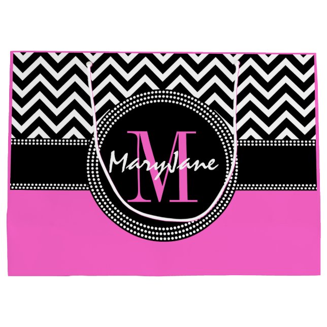 Glamour Girl Hot Pink and Black Chevron Monogram Large Gift Bag (Back)