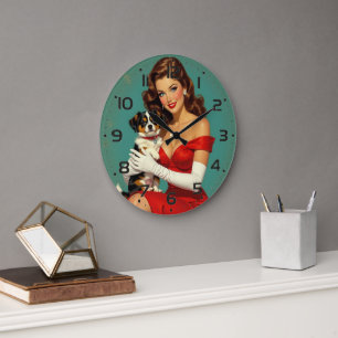 Glamour Girl with Dog Digital Art Large Clock