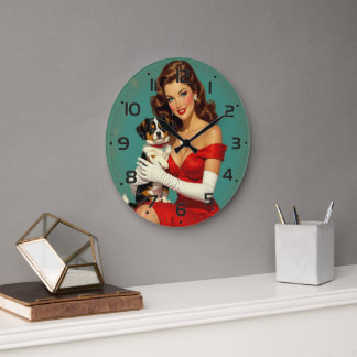 Glamour Girl with Dog Digital Art Large Clock