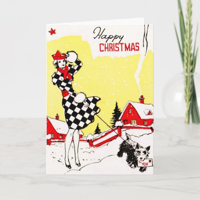 Glamour Girl with Scotty Dog Greetings Holiday Card (Front)