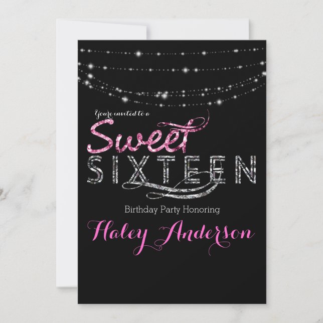 Glamour Glitter Lights SWEET 16 Party Pink Black Invitation (Front)