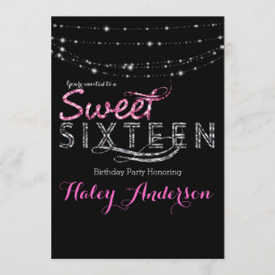 Glamour Glitter Lights SWEET 16 Party Pink Black Invitation