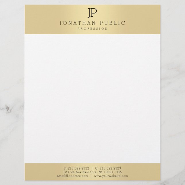 Glamour Gold Colour White Elegant Monogram Templat Custom Letterhead (Front)