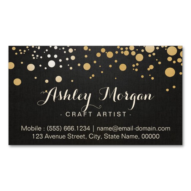 Glamour Gold Dots Decor - Stylish Dark Linen Look Magnetic Business Card (Front)