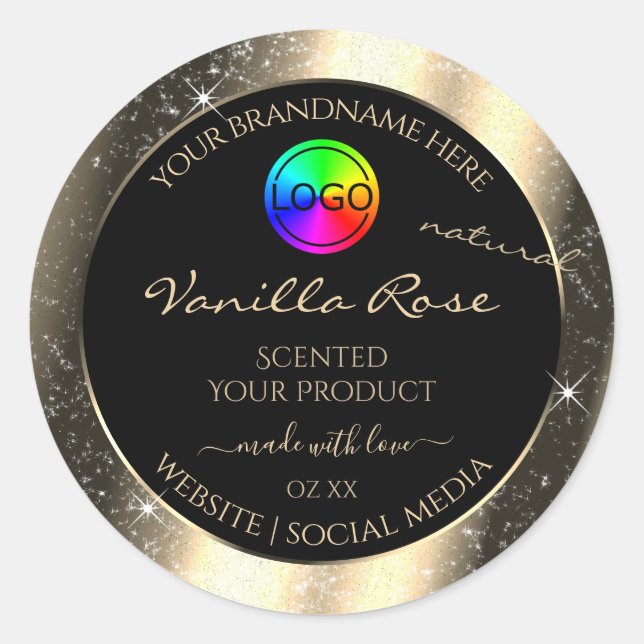 Glamour Gold Glitter Frame Product Label with Logo (Front)