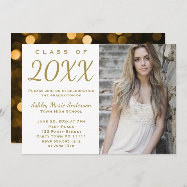 Glamour Gold Graduation Party with Photo Invitation (Front/Back)