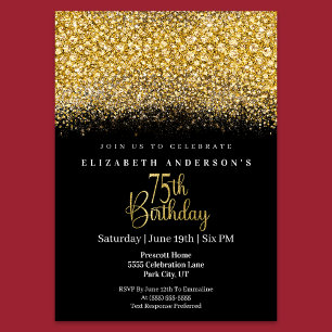 Glamour Gold Jeweled Glitter 75th Birthday Invitation