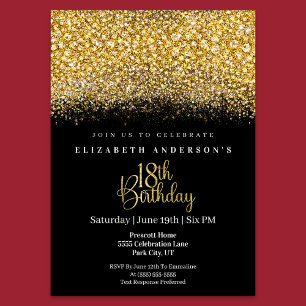 Glamour Gold Jewelled Glitter 18th Birthday Invitation