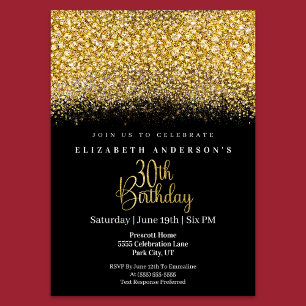 Glamour Gold Jewelled Glitter 30th Birthday Invitation